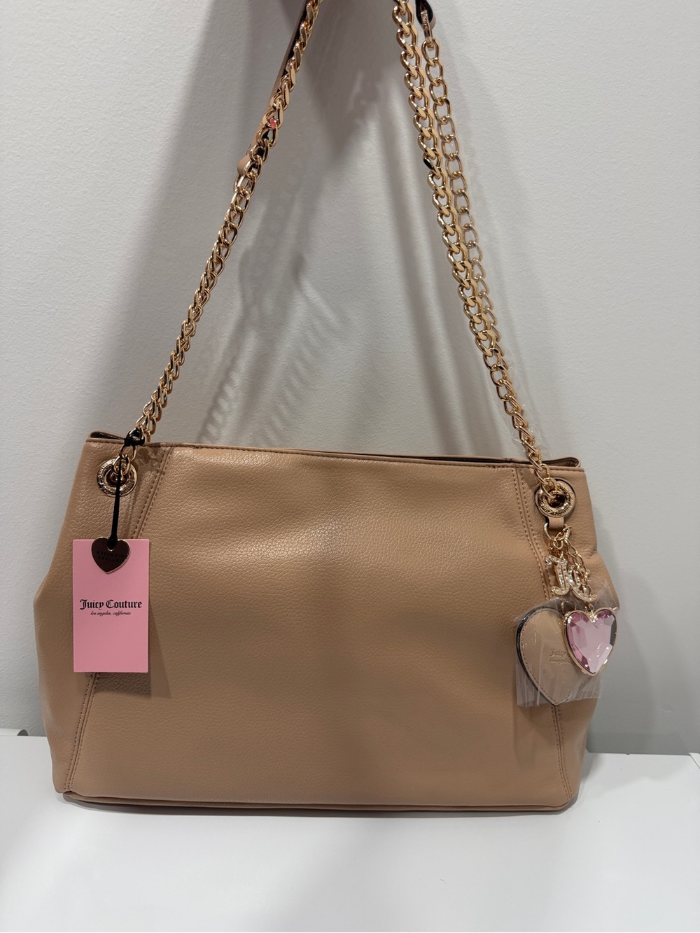Juicy Couture Tan Pebbled Leather Tote Bag with Gold Chain